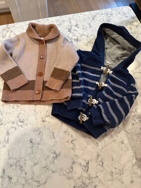 Kids Cozy Knit Cardigans in Light Brown and Navy Hooded Striped Sweater